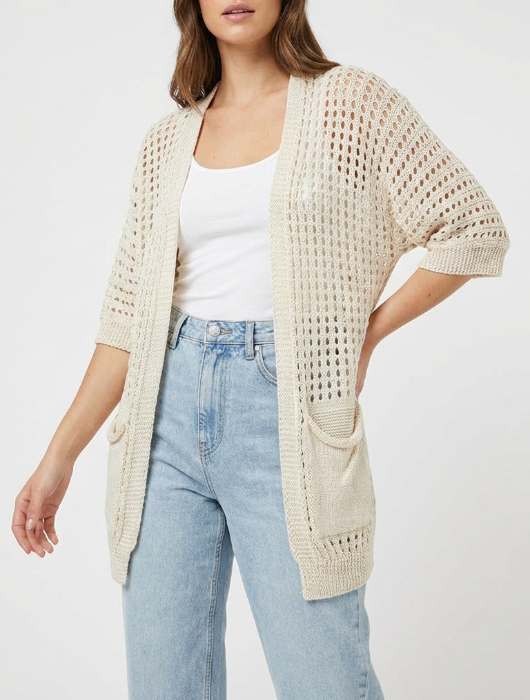 Gilet ajouré manches chauve-souris - Beige