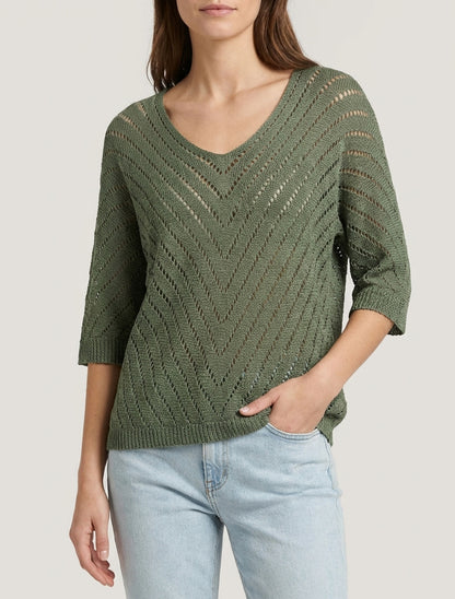 Pull maille ajouré à manches 3/4 - Kaki
