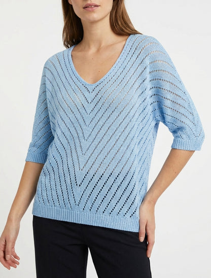Pull ajouré à manches 3/4 - Bleu ciel