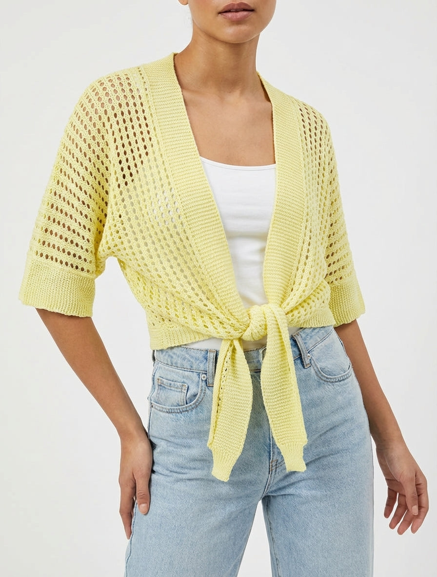 Gilet maille ajourée à nouer - Jaune