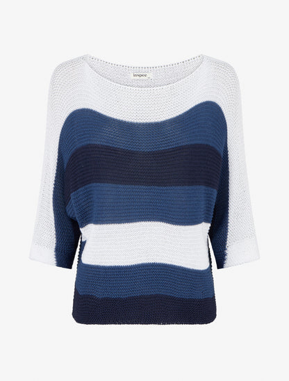 Pull ample à rayures et manches 3/4 - Marine - 1