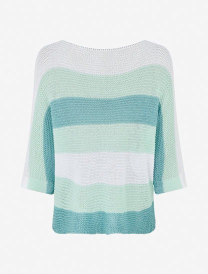 Pull ample à rayures et manches 3/4 - Bleu lagon - 2