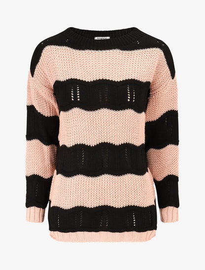 Pull en maille ajourée à rayures stylisées - Rose - 4