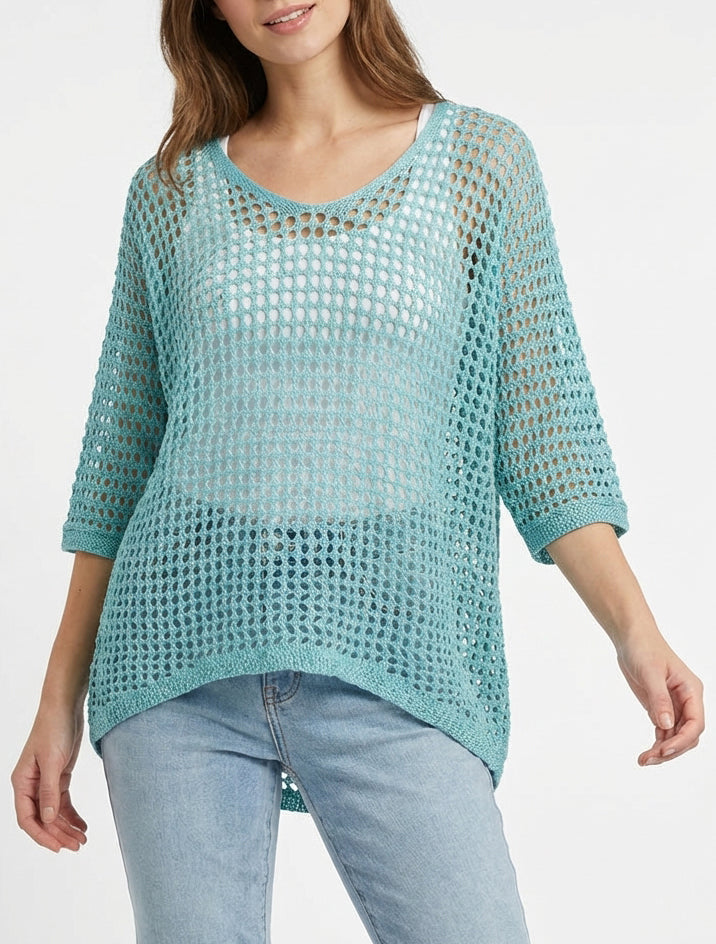Pull ajouré à manches chauve-souris - Turquoise