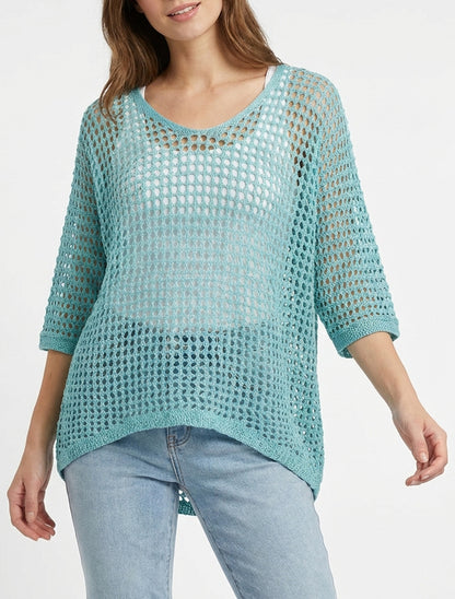 Pull ajouré à manches chauve-souris - Turquoise