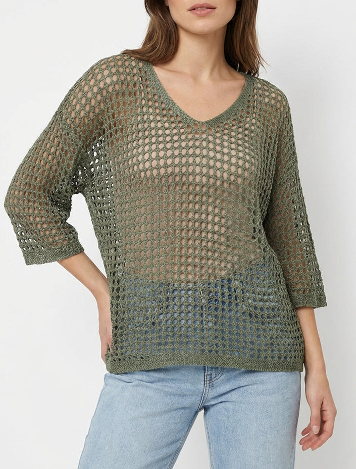 Pull ajouré manches chauve-souris - Kaki