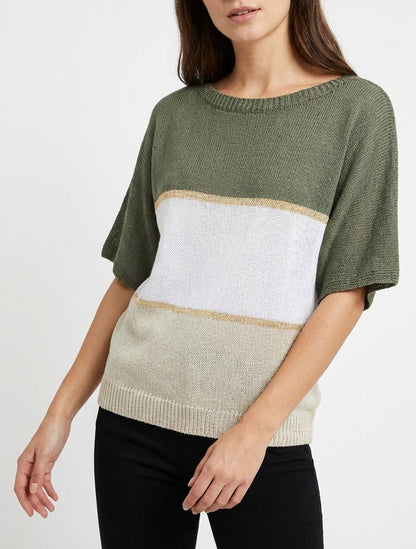 Pull rayé coupe ample à bandes irisées - Kaki
