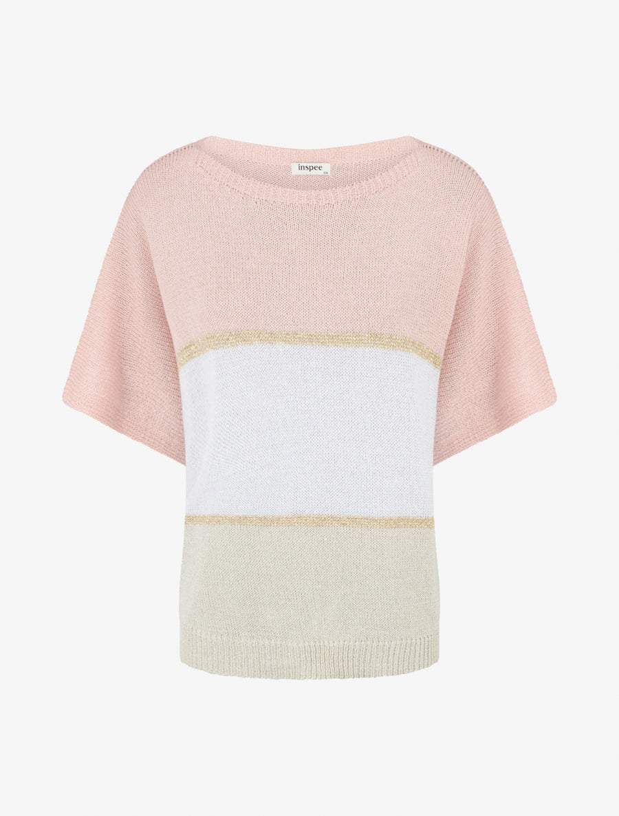 Pull rayé fin à manches courtes - Rose - 1