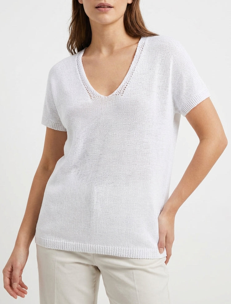 Top en maille ajouré col V - Blanc