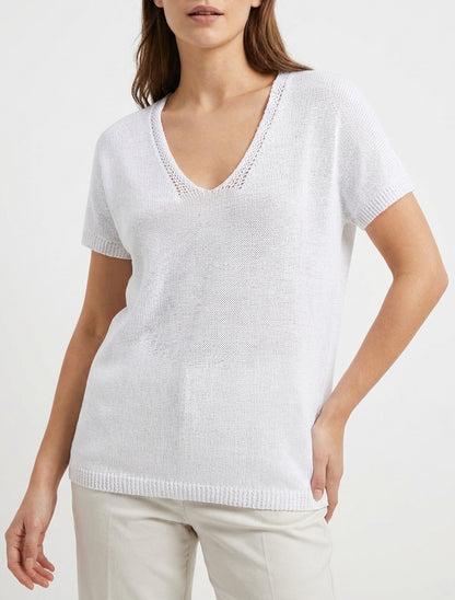 Top en maille ajouré col V - Blanc