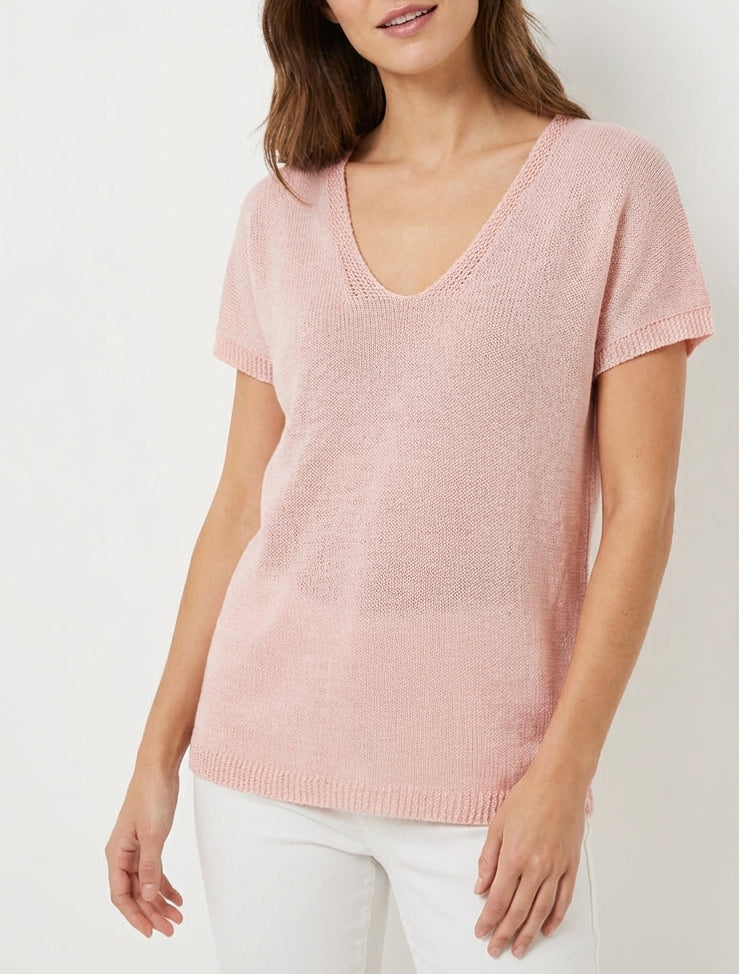 Top droit en maille col V ajouré - Rose