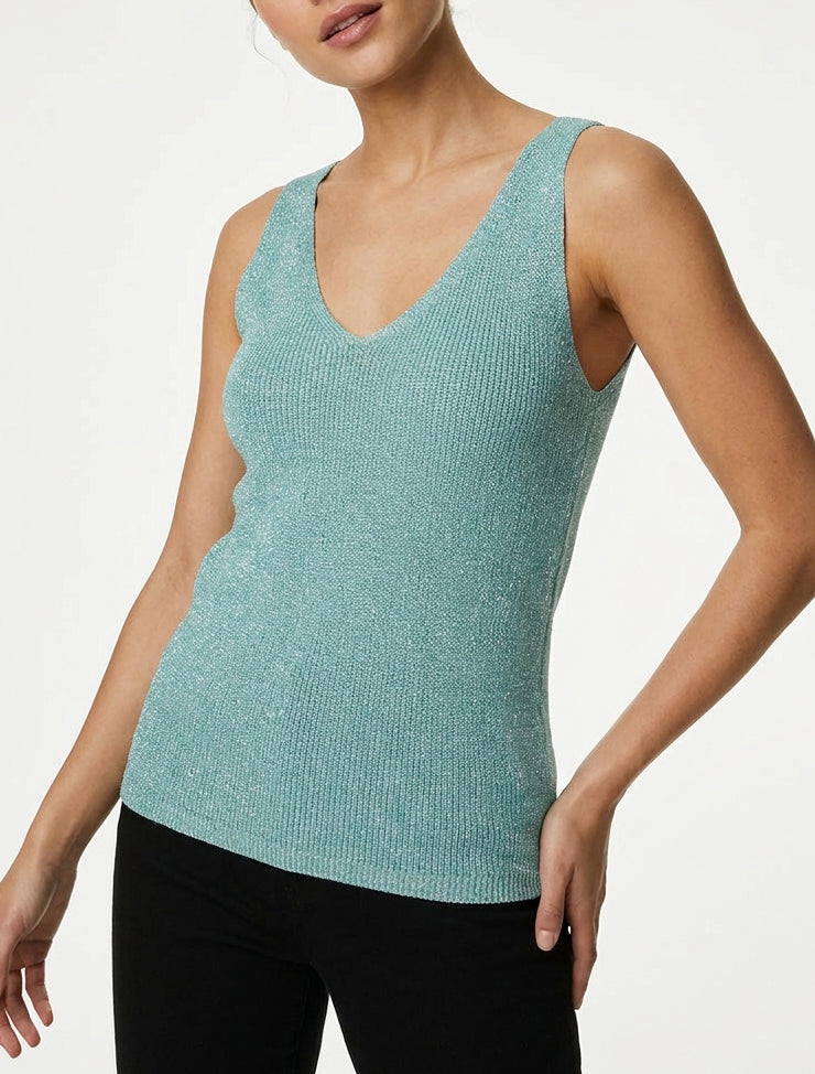 Top en maille irisée encolure V - Turquoise