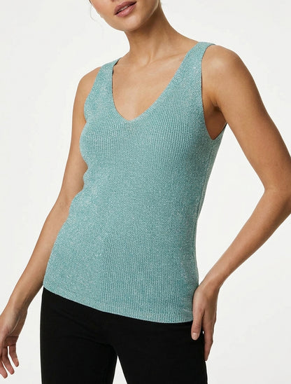 Top en maille irisée encolure V - Turquoise