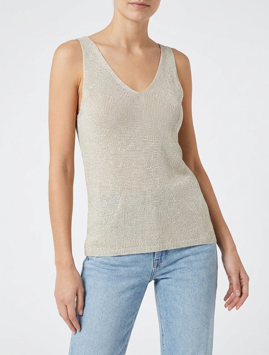 Top en maille irisée col V - Beige