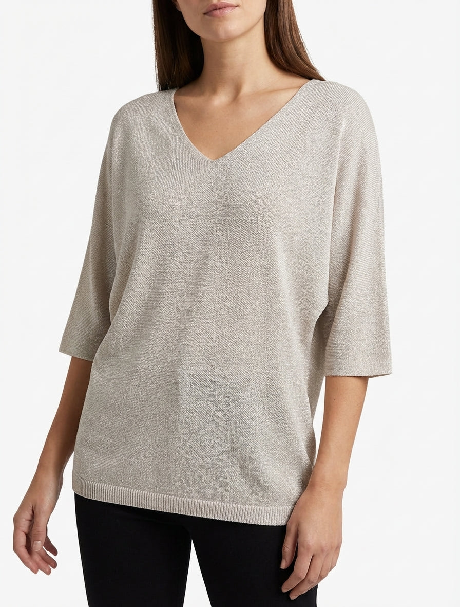 Pull fin irisé col V - Beige