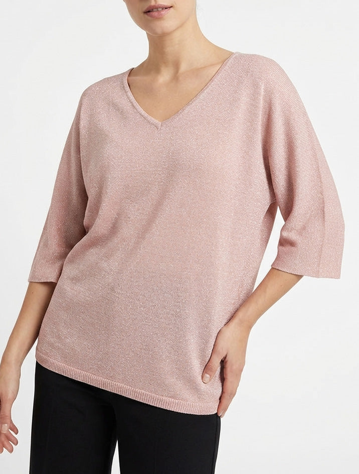Pull irisé col V à manches 3/4 - Rose