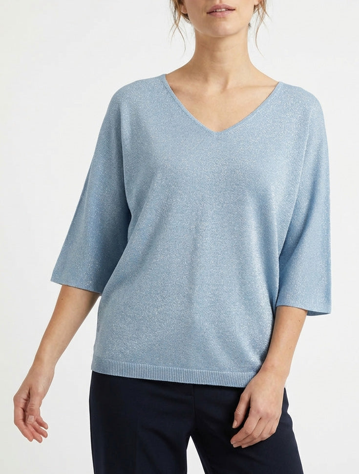 Pull fin irisé col V - Bleu ciel