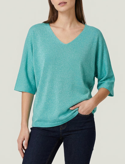 Pull fin irisé col V - Turquoise