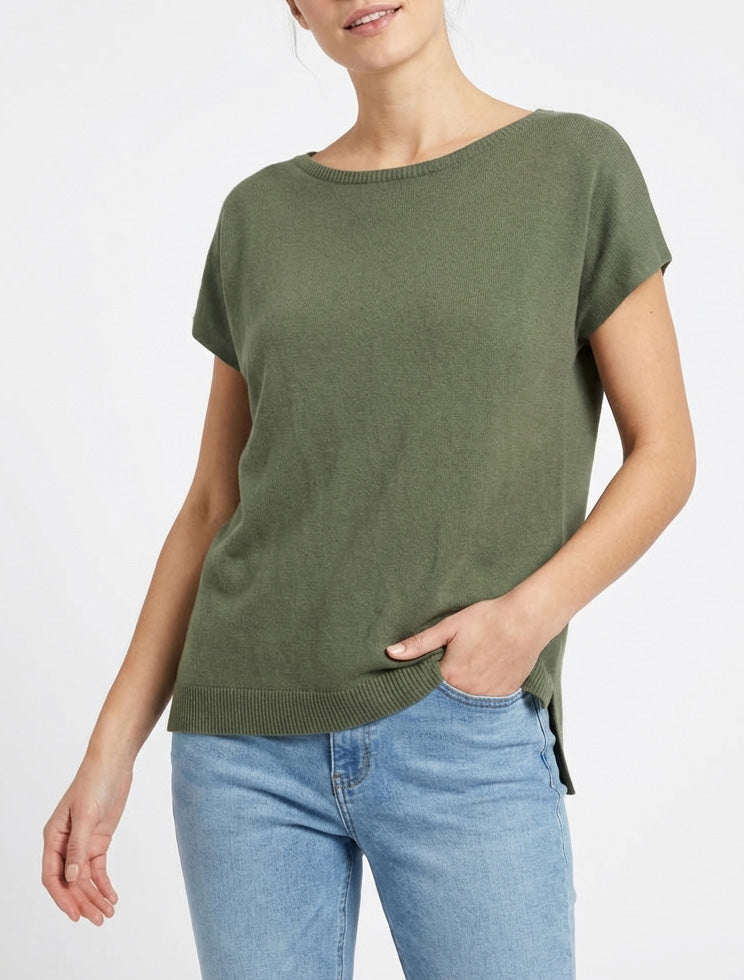 Pull fin col rond manches courtes - Kaki