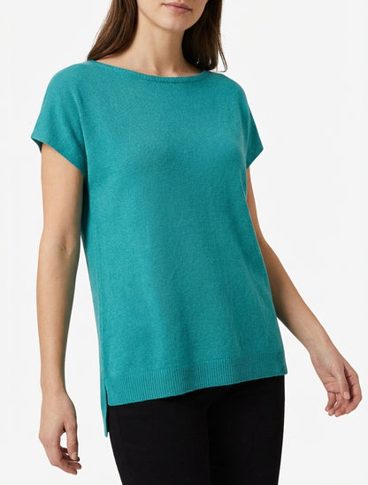 Pull fin col rond manches courtes - Turquoise