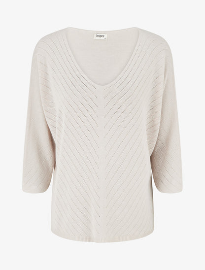 Pull fin col V à lignes ajourées - Beige