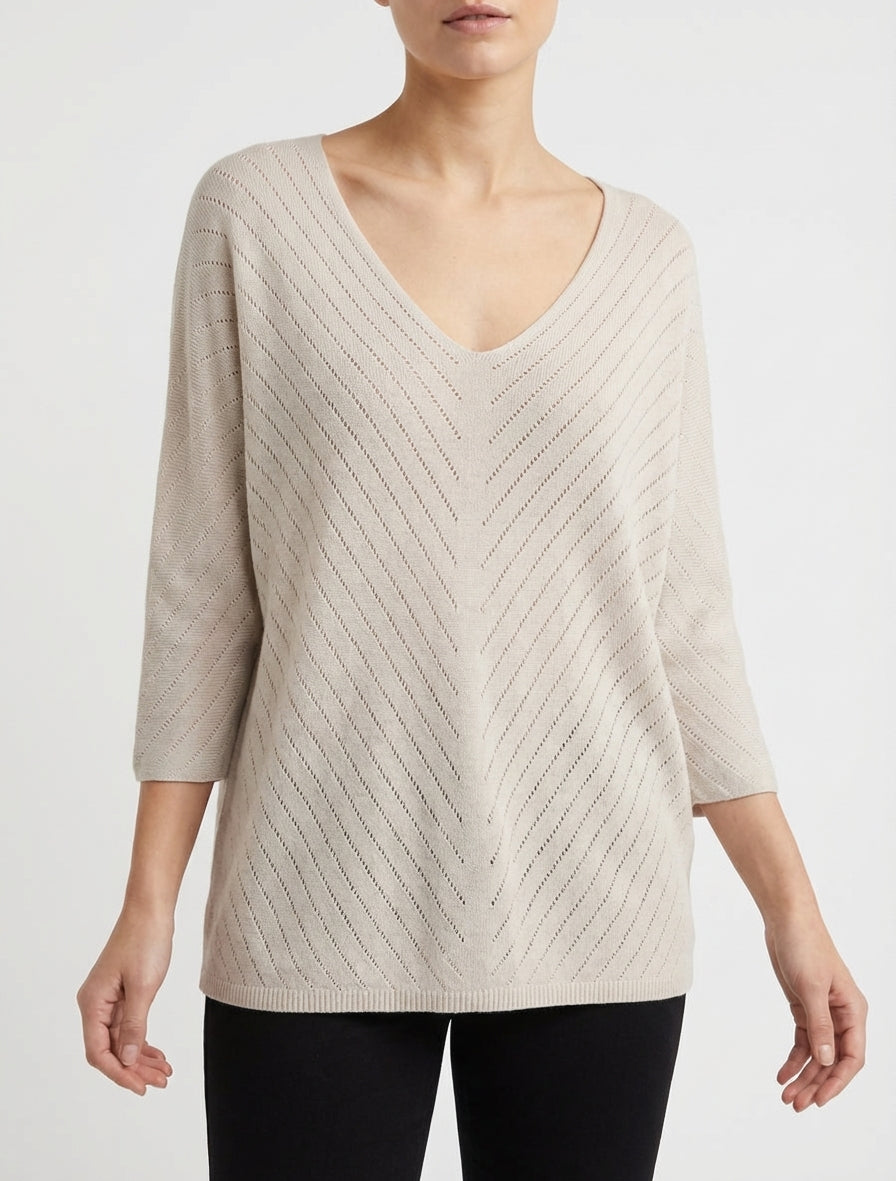 Pull fin col V à lignes ajourées - Beige