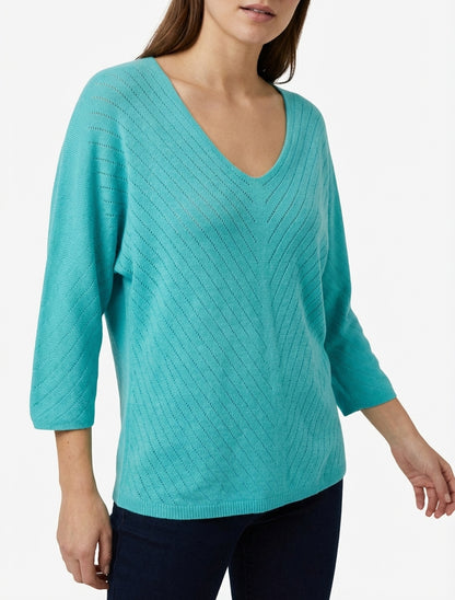 Pull fin col V ajouré - Turquoise