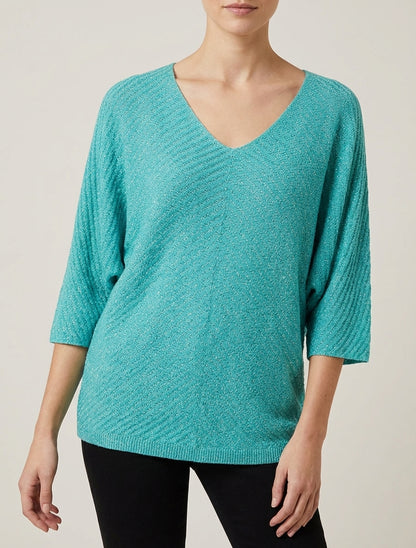 Pull irisé col V à manches chauve-souris - Vert d&