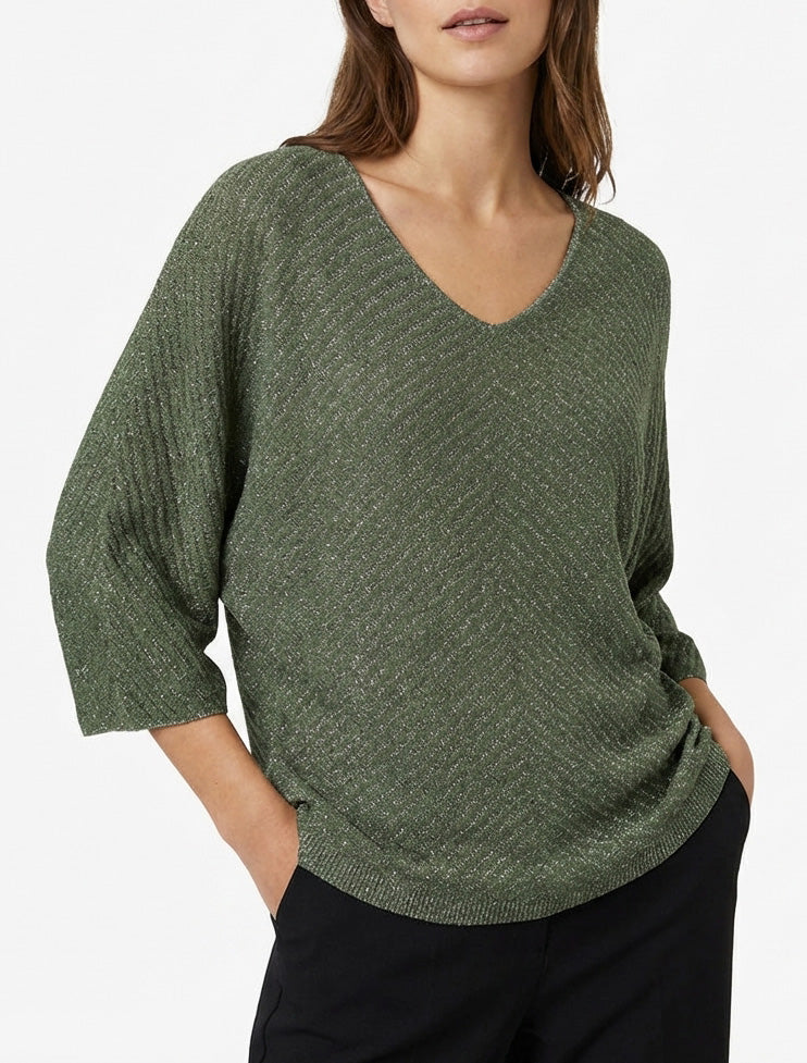 Pull irisé col V manches chauve-souris - Kaki
