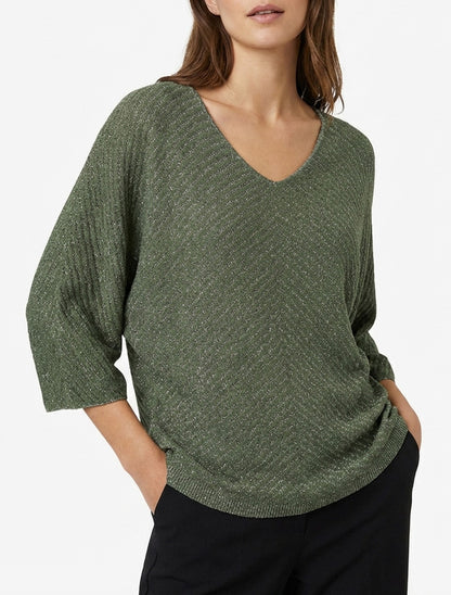 Pull irisé col V manches chauve-souris - Kaki
