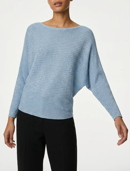 Pull irisé col bateau manches chauve-souris - Bleu ciel