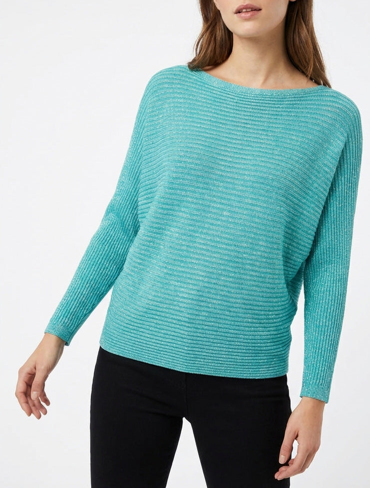 Pull irisé col bateau manches chauve-souris - Turquoise