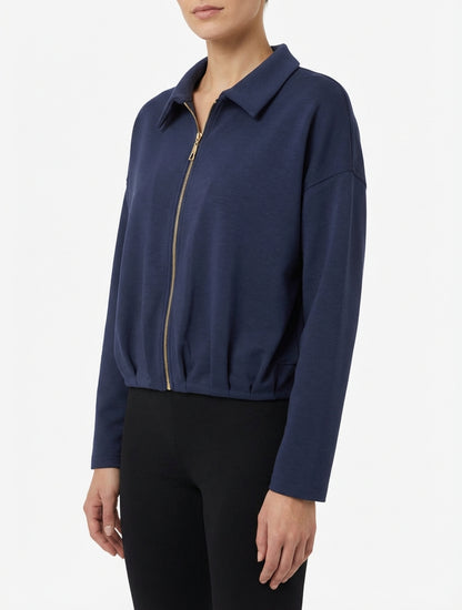 Veste coupe boule zippée effet froncé - Marine