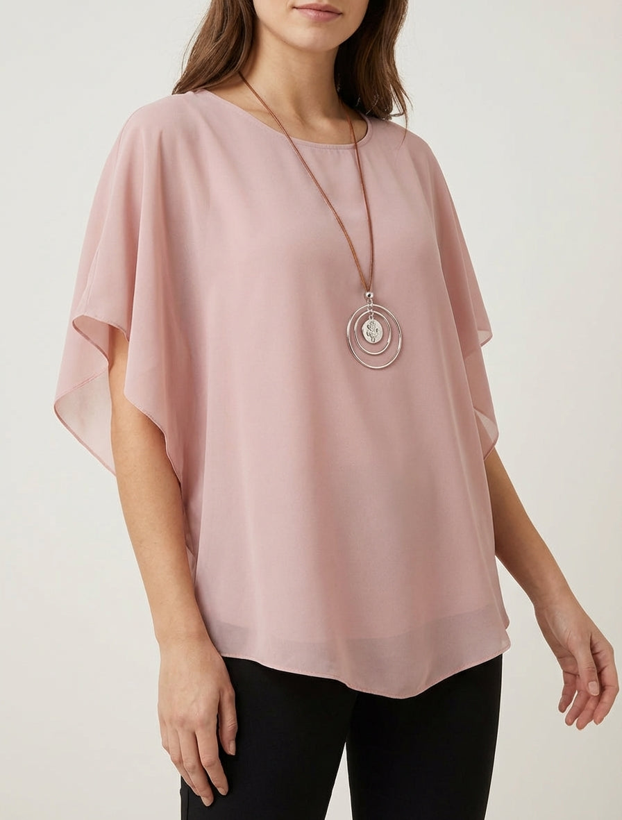 Top fluide col rond voile asymétrique - Rose