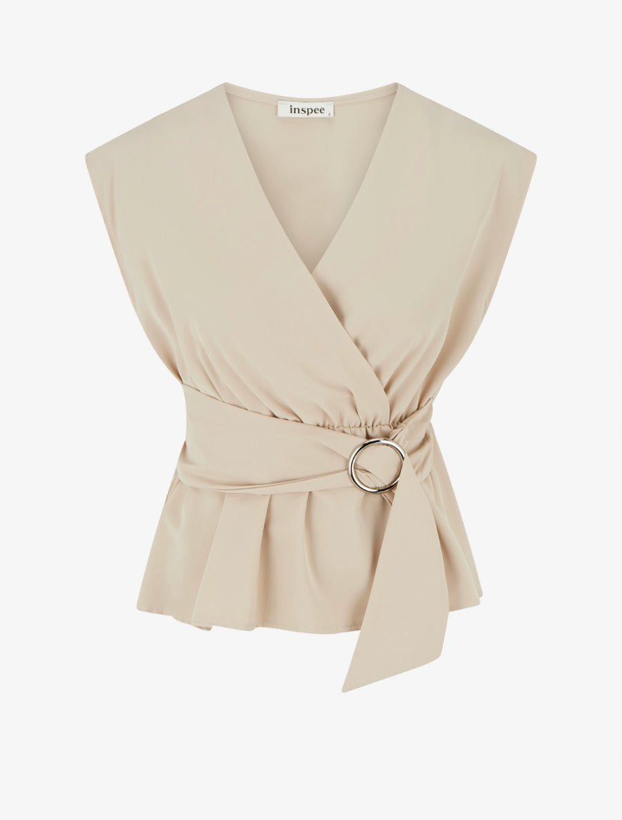 Top élastiqué uni à manches courtes - Beige - 1