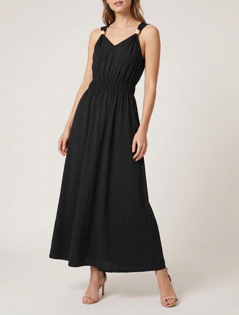 Robe fluide col V perles en bois - Noir