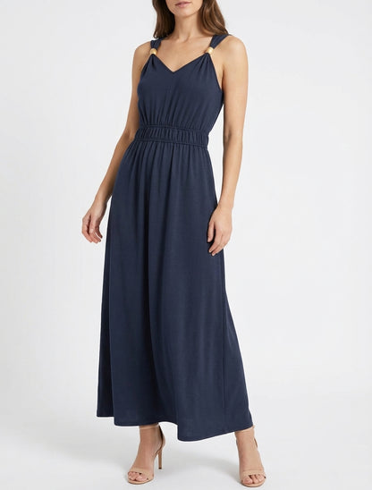Robe fluide col V perles en bois - Marine