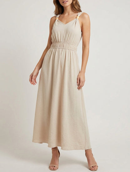 Robe fluide col V perles en bois - Beige