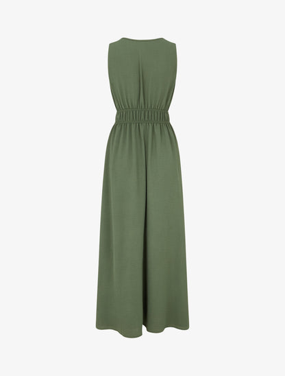 Robe unie à empiècement perles en bois - Kaki - 2