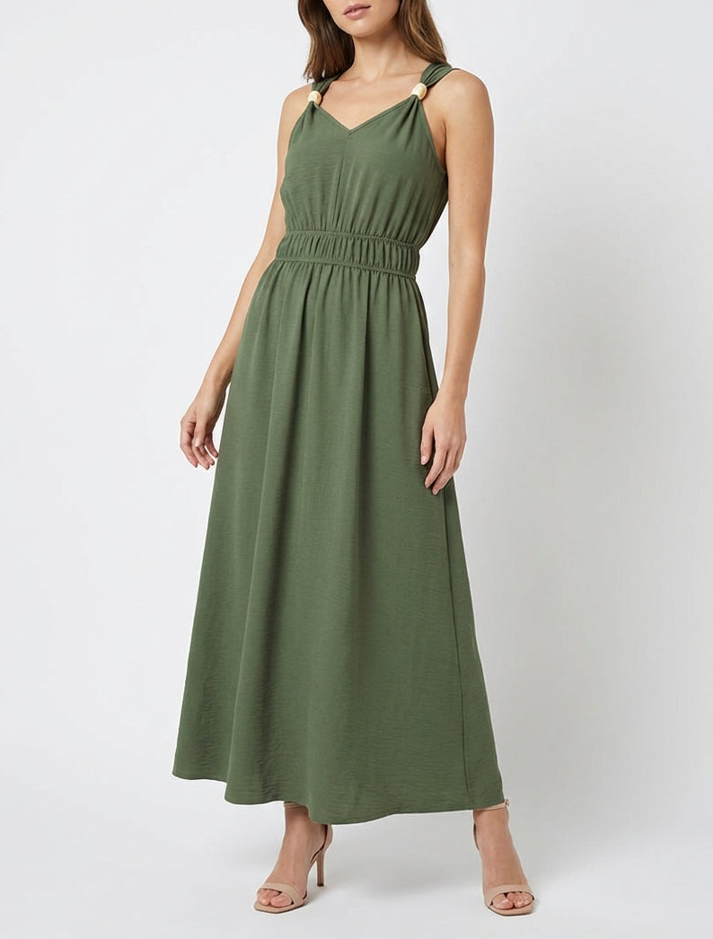Robe fluide col V perles en bois - Kaki