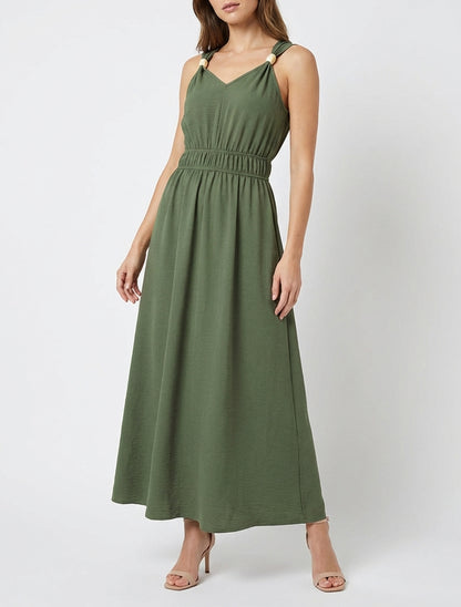 Robe fluide col V perles en bois - Kaki