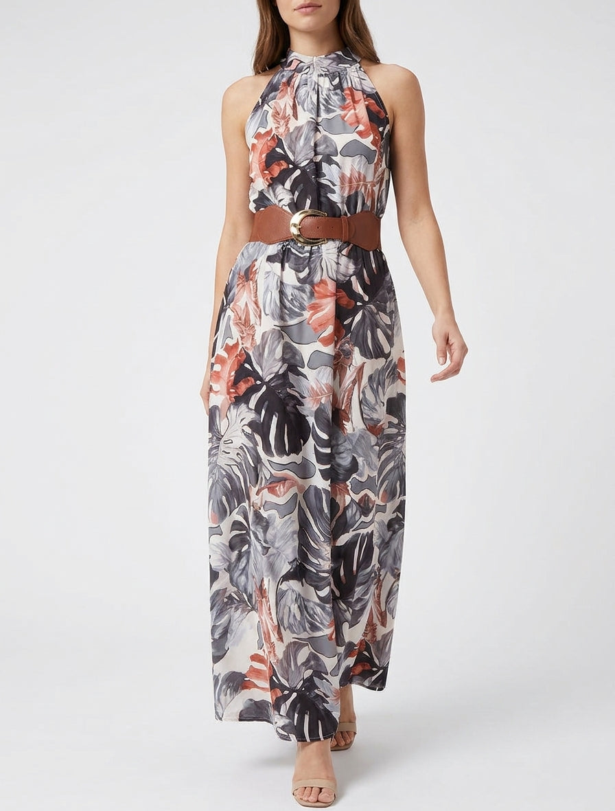 Robe longue col américain ceinturée - Noir