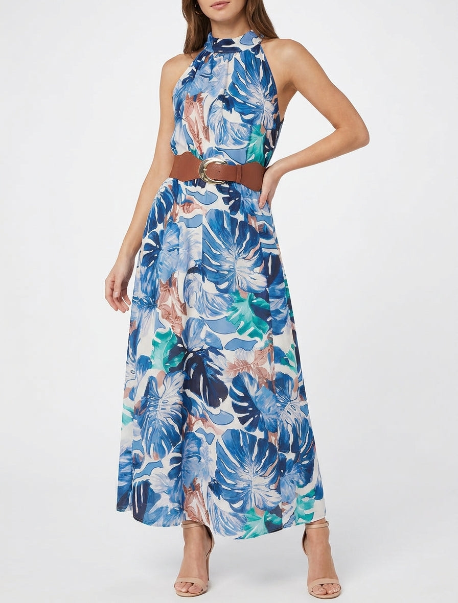 Robe longue col américain tropical - Marine
