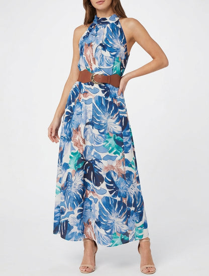 Robe longue col américain tropical - Marine