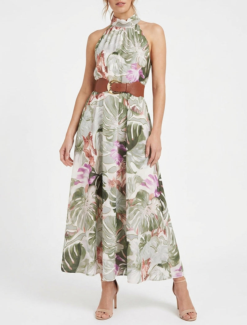 Robe longue col américain ceinturée - Kaki