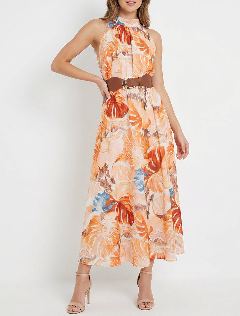Robe longue col américain ceinturée - Orange