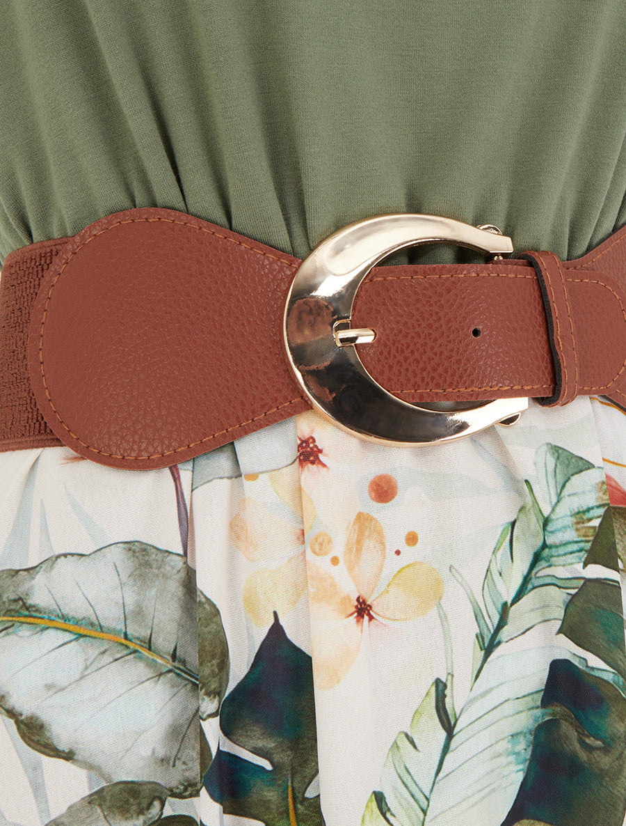 Robe imprimé feuillage à bretelles en simili - Kaki - 3