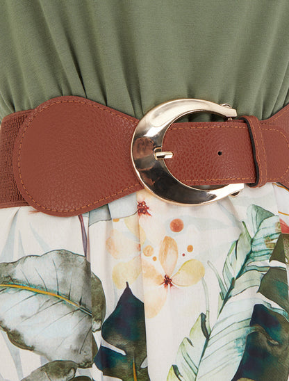 Robe imprimé feuillage à bretelles en simili - Kaki - 3