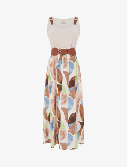 Robe imprimé fantaisie à bretelles en simili - Beige - 1