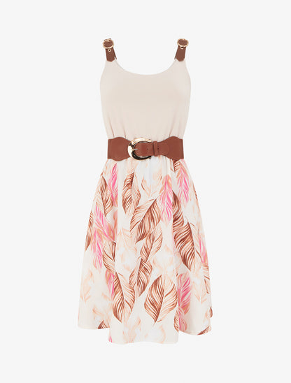 Robe mi-longue imprimée à bretelles en simili - Beige - 1